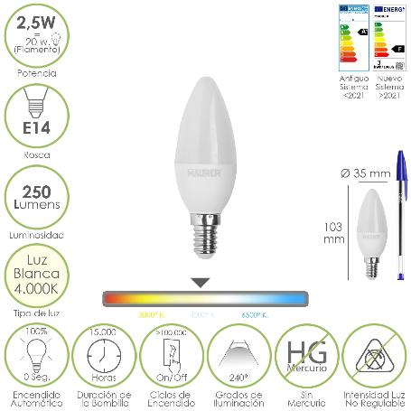 BOMBILLA LED VELA E14. 2,5 WATT. EQUIVALE A 20 WATT. 250 LUMENES. LUZ NEUTRA 4.000º K.