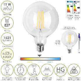 BOMBILLA LED FILAMENTO GLOBO E27. 11 WATT. EQUIVALE A 100 WATT. 1521 LUMENES. LUZ NEUTRA 4000º K.