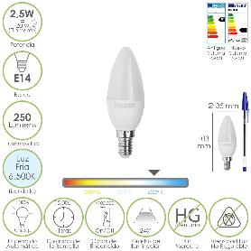 BOMBILLA LED VELA E14. 2,5 WATT. EQUIVALE A 20 WATT. 250 LUMENES. LUZ FRIA 6500º K.