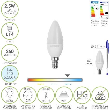 BOMBILLA LED VELA E14. 2,5 WATT. EQUIVALE A 20 WATT. 250 LUMENES. LUZ FRIA 6500º K.