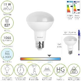 BOMBILLA LED REFLECTANTE E27. 11 WATT. EQUIVALE A 100 WATT. 1055 LUMENES. LUZ FRIA 6.500º K.