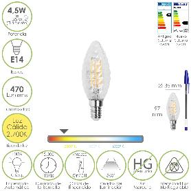 BOMBILLA LED FILAMENTO VELA TWIST. E14. 4,5 WATT. EQUIVALE A 35 WATT. 470 LUMENES. LUZ CALIDA 2700º K.