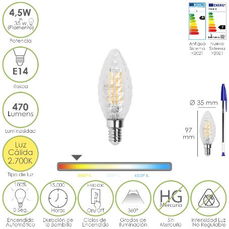 BOMBILLA LED FILAMENTO VELA TWIST. E14. 4,5 WATT. EQUIVALE A 35 WATT. 470 LUMENES. LUZ CALIDA 2700º K.