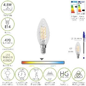 BOMBILLA LED FILAMENTO VELA TWIST. E14. 4,5 WATT. EQUIVALE A 35 WATT. 470 LUMENES. LUZ NEUTRA 4000º K.