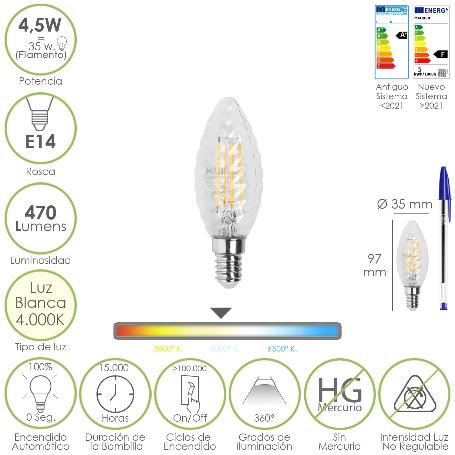 BOMBILLA LED FILAMENTO VELA TWIST. E14. 4,5 WATT. EQUIVALE A 35 WATT. 470 LUMENES. LUZ NEUTRA 4000º K.