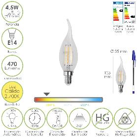 BOMBILLA LED FILAMENTO VELA LLAMA E14. 4,5 WATT. EQUIVALE A 35 WATT. 470 LUMENES. LUZ CALIDA 2700º K.