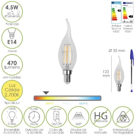 BOMBILLA LED FILAMENTO VELA LLAMA E14. 4,5 WATT. EQUIVALE A 35 WATT. 470 LUMENES. LUZ CALIDA 2700º K.