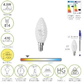 BOMBILLA LED FILAMENTO VELA ESMERILADA E14. 4,5 WATT. EQUIVALE A 35 WATT. 470 LUMENES. LUZ CALIDA 2700º K.