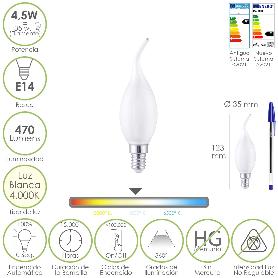 BOMBILLA LED FILAMENTO VELA LLAMA ESMERILADA E14. 4,5 WATT. EQUIVALE A 35 WATT. 470 LUMENES. LUZ NEUTRA 4000º K.