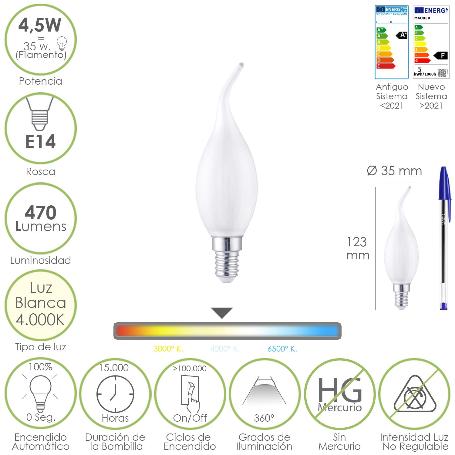 BOMBILLA LED FILAMENTO VELA LLAMA ESMERILADA E14. 4,5 WATT. EQUIVALE A 35 WATT. 470 LUMENES. LUZ NEUTRA 4000º K.