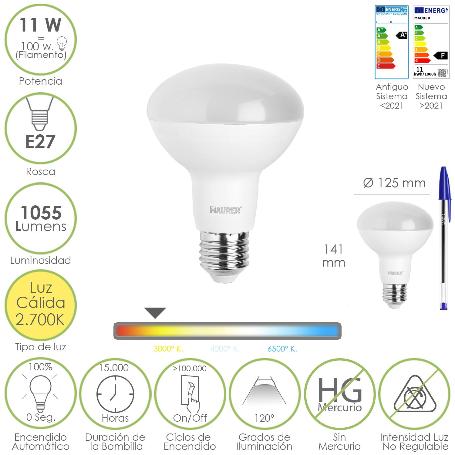 BOMBILLA LED REFLECTANTE E27. 11 WATT. EQUIVALE A 100 WATT. 1055 LUMENES. LUZ CALIDA 2700º K.