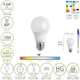 BOMBILLA LED ESTANDAR ROSCA E27. 9.5 WATT. EQUIVALE A 75 WATT. 1055 LUMENES. LUZ NEUTRA (4000º K.)