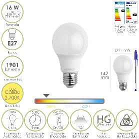 BOMBILLA LED ESTANDAR ROSCA E27. 16 WATT. EQUIVALE A 130 WATT. 1901 LUMENES. LUZ CALIDA 2.700º K.