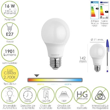 BOMBILLA LED ESTANDAR ROSCA E27. 16 WATT. EQUIVALE A 130 WATT. 1901 LUMENES. LUZ CALIDA 2.700º K.