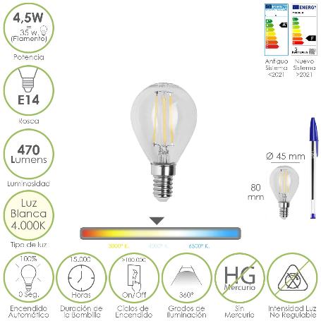 BOMBILLA LED FILAMENTO ESFERA ROSCA E14. 4,5 WATT. EQUIVALE A 35 WATT. 470 LUMENES. LUZ NEUTRA 4000º K.