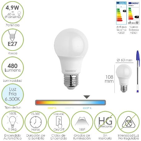 BOMBILLA LED ESTANDAR ROSCA E27. 4.9 WATT. EQUIVALE A 40 WATT. 480 LUMENES. LUZ FRIA (6500º K.)