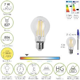 BOMBILLA LED FILAMENTO STANDAR ROSCA E27. 7 WATT. EQUIVALE A 50 WATT. 806 LUMENES. LUZ CALIDA 2700º K.