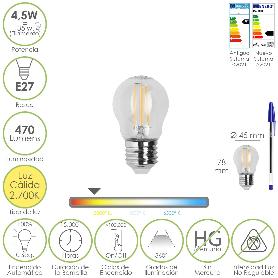 BOMBILLA LED FILAMENTO ESFERA ROSCA E27. 4,5 WATT. EQUIVALE A 35 WATT. 470 LUMENES. LUZ CALIDA 2700º K.