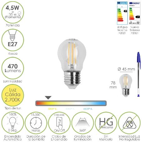 BOMBILLA LED FILAMENTO ESFERA ROSCA E27. 4,5 WATT. EQUIVALE A 35 WATT. 470 LUMENES. LUZ CALIDA 2700º K.