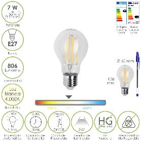 BOMBILLA LED FILAMENTO STANDAR ROSCA E27. 7 WATT. EQUIVALE A 50 WATT. 806 LUMENES. LUZ NEUTRA 4000º K.