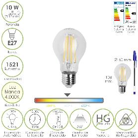 BOMBILLA LED FILAMENTO STANDAR ROSCA E27. 10 WATT. EQUIVALE A 80 WATT. 1521 LUMENES. LUZ NEUTRA 4000º K.