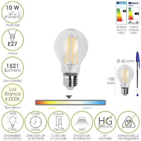 BOMBILLA LED FILAMENTO STANDAR ROSCA E27. 10 WATT. EQUIVALE A 80 WATT. 1521 LUMENES. LUZ NEUTRA 4000º K.