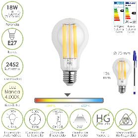 BOMBILLA LED FILAMENTO STANDAR ROSCA E27. 18 WATT. EQUIVALE A 130 WATT. 2462 LUMENES. LUZ NEUTRA 4000º K.