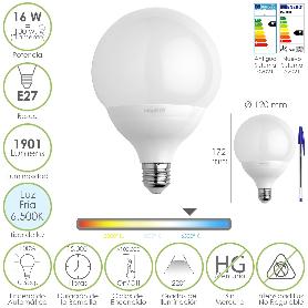 BOMBILLA LED GLOBO ROSCA E27. 16 WATT. EQUIVALE A 130 WATT. 1901 LUMENES. LUZ FRIA 6500º K.