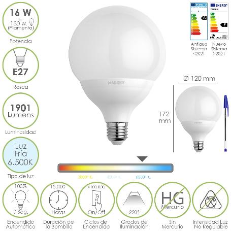 BOMBILLA LED GLOBO ROSCA E27. 16 WATT. EQUIVALE A 130 WATT. 1901 LUMENES. LUZ FRIA 6500º K.