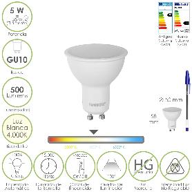 BOMBILLA LED DICROICA ROSCA GU10. 5 WATT. EQUIVALE A 35 WATT. 500 LUMENES. LUZ NEUTRA 4000º K