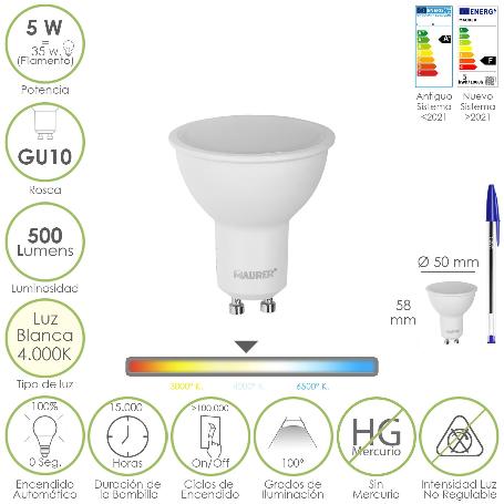 BOMBILLA LED DICROICA ROSCA GU10. 5 WATT. EQUIVALE A 35 WATT. 500 LUMENES. LUZ NEUTRA 4000º K