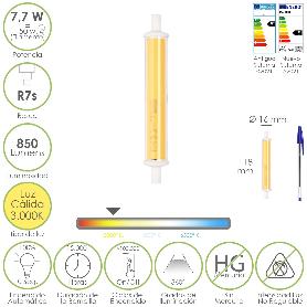 BOMBILLA LED PARA FOCOS ROSCA R7S. 7,7 WATT. EQUIVALE A 50 WATT. 850 LUMENES. LUZ CÁLIDA (3000º K.)