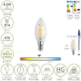 BOMBILLA LED FILAMENTO VELA ROSCA E14. 4,5 WATT. EQUIVALE A 35 WATT. 470 LUMENES. LUZ NEUTRA 4000º K.