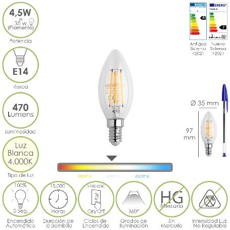 BOMBILLA LED FILAMENTO VELA ROSCA E14. 4,5 WATT. EQUIVALE A 35 WATT. 470 LUMENES. LUZ NEUTRA 4000º K.