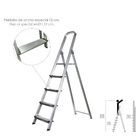 ESCALERA DOMÉSTICA ALUMINIO PROFESIONAL 5 PELDAÑOS 12 CM GROSOR.