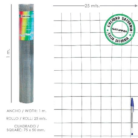 MALLA ELECTROSOLDADA GALVANIZADA 75X50 / 1,80 / 100 CM. GA ROLLO 25 METROS