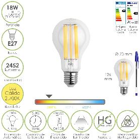 BOMBILLA LED FILAMENTO STANDAR ROSCA E27. 18 WATT. EQUIVALE A 130 WATT. 2462 LUMENES. LUZ CALIDA 2.700 º K.