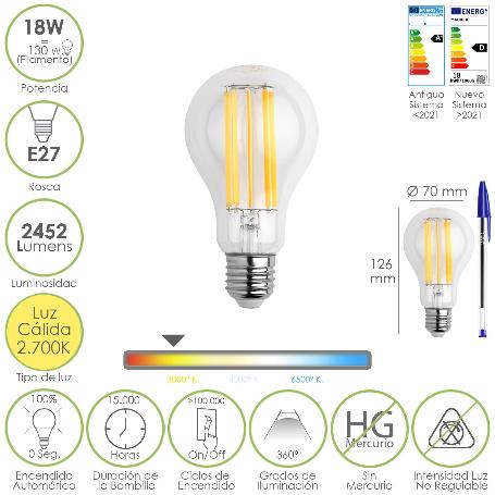 BOMBILLA LED FILAMENTO STANDAR ROSCA E27. 18 WATT. EQUIVALE A 130 WATT. 2462 LUMENES. LUZ CALIDA 2.700 º K.