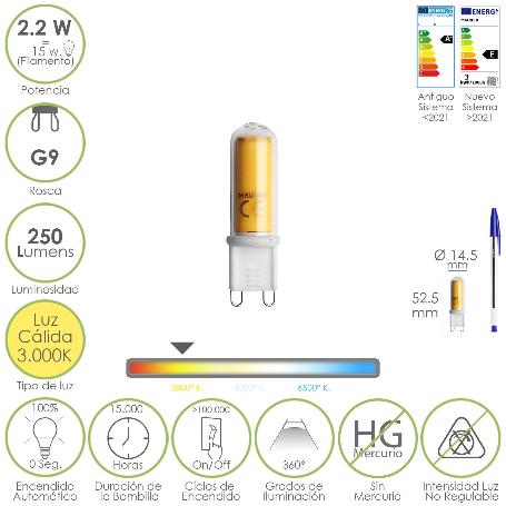 BOMBILLA LED ROSCA G9. 2.2 WATT. EQUIVALE A 15 WATT. 250 LUMENES. LUZ CALIDA (3000º K.)