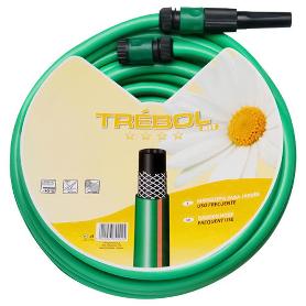 MANGUERA VERDE TREBOL TRENZADO 15 MM. - 5/8 ROLLO 15 METROS CON ACCESORIOS