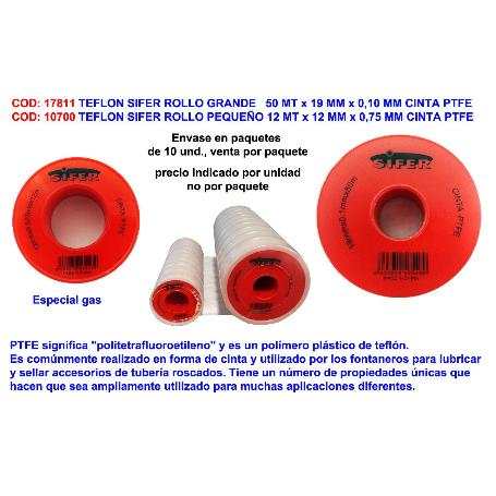 TEFLON SIFER ROLLO PEQUEÑO 12 MT X 12 MM X 0,75 MM CINTA PTFE