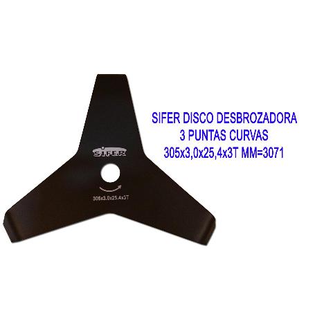 SIFER DISCO DESBROZADORA 3 PUNTAS CURVAS 305X3,0X25,4X3T MM 3071