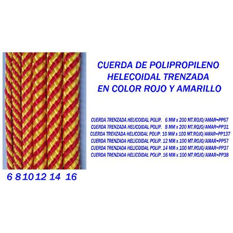 CUERDA TRENZADA HELICOIDAL POLIP.   6 MM X 200 MT.ROJO-AMAR PP67