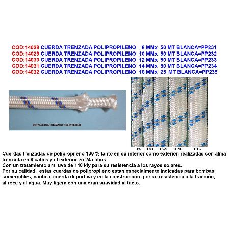 CUERDA TRENZADA POLIPROPILENO  12 MMX  50 MT BLANCA PP233