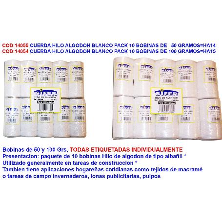 CUERDA HILO ALGODON BLANCO PACK 10 BOBINAS DE 100 GRAMOS HA05