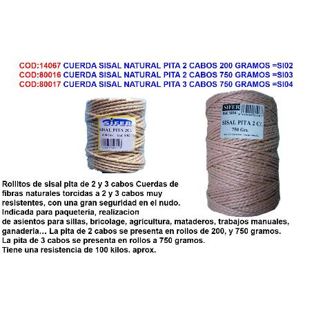 CUERDA SISAL NATURAL PITA 2 CABOS 200 GRAMOS  SI02