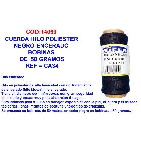 CUERDA HILO POLIESTER NEGRO ENCERADO BOBINAS DE  50 GRAMOS CA34