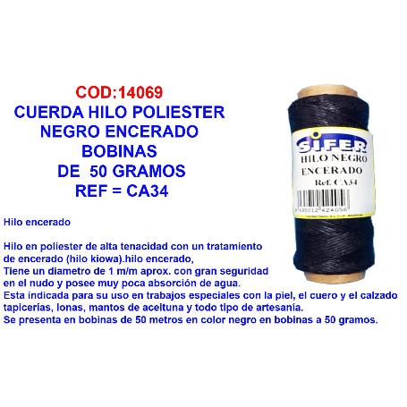 CUERDA HILO POLIESTER NEGRO ENCERADO BOBINAS DE  50 GRAMOS CA34