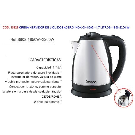 CRENA HERVIDOR LIQUIDOS ACERO INOX CK-8902  1,7 LT 1850-2200 W