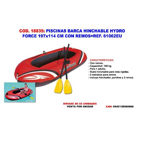 PISCINAS BARCA HINCHABLE HYDRO FORCE 197X114CM CON REMOS 61062EU